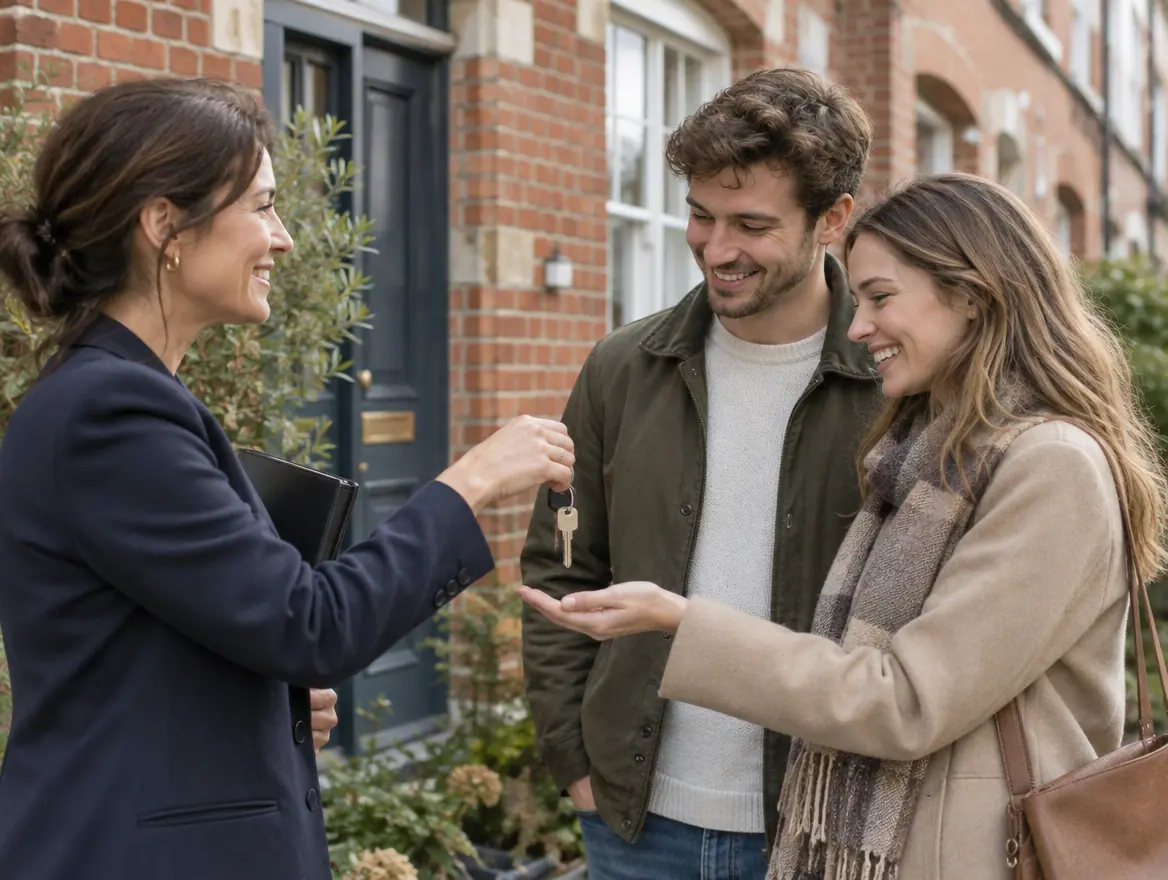 Agent immobilier remettant des clés devant une maison en brique