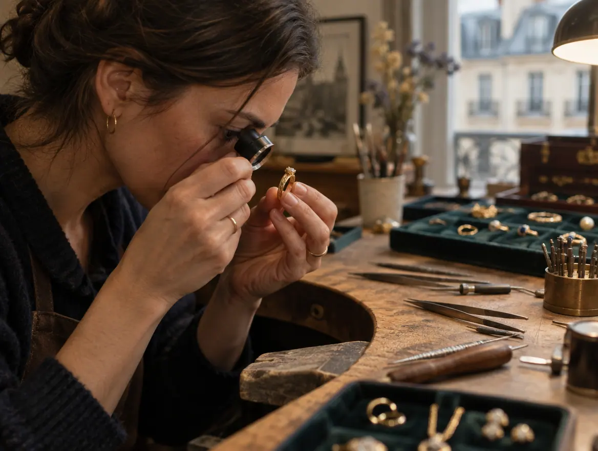 Bijoutier examinant une bague à la loupe