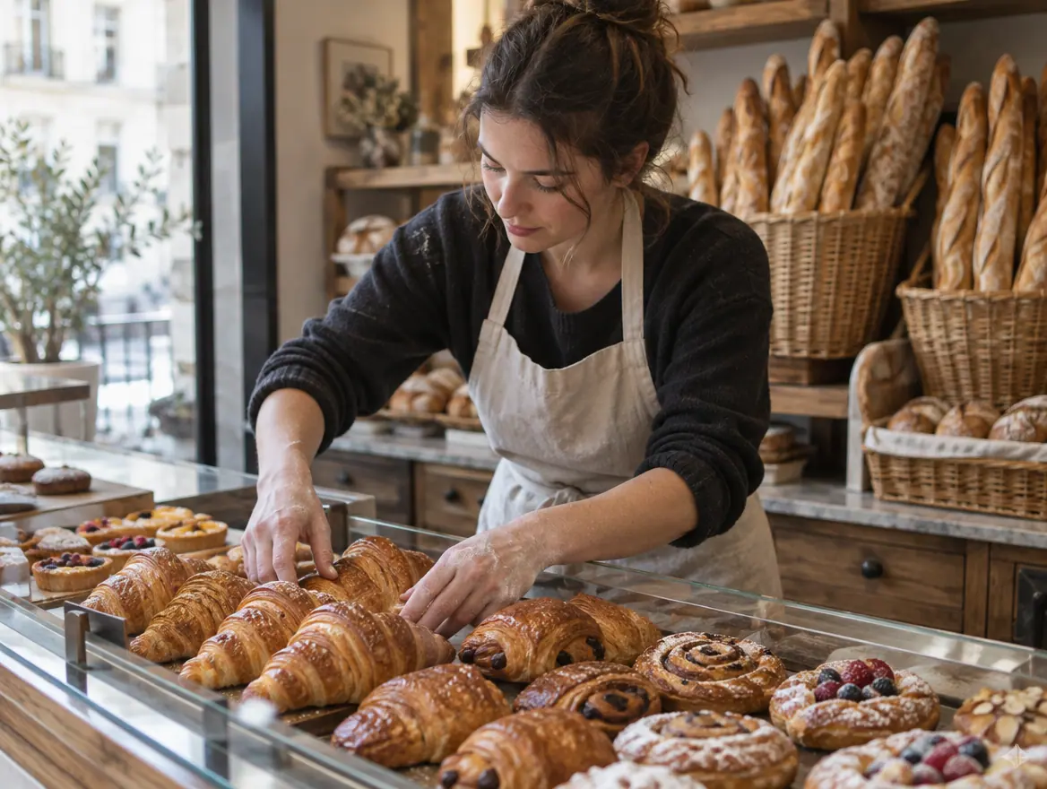 Boulanger disposant des viennoiseries en vitrine