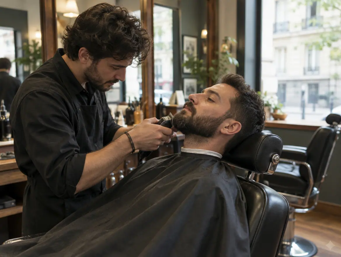 Barbier taillant la barbe d'un client