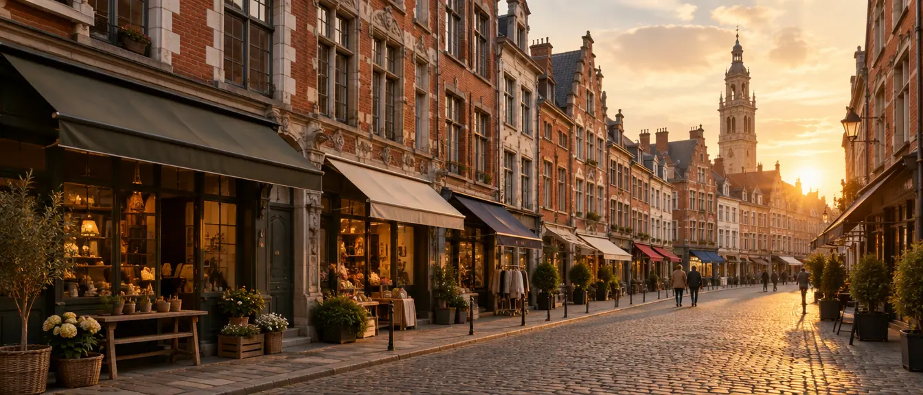 Rue commerçante du Vieux-Lille au coucher du soleil