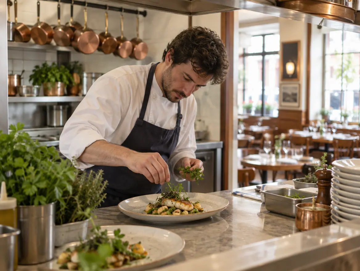 Chef dressant une assiette dans la cuisine d'un bistrot