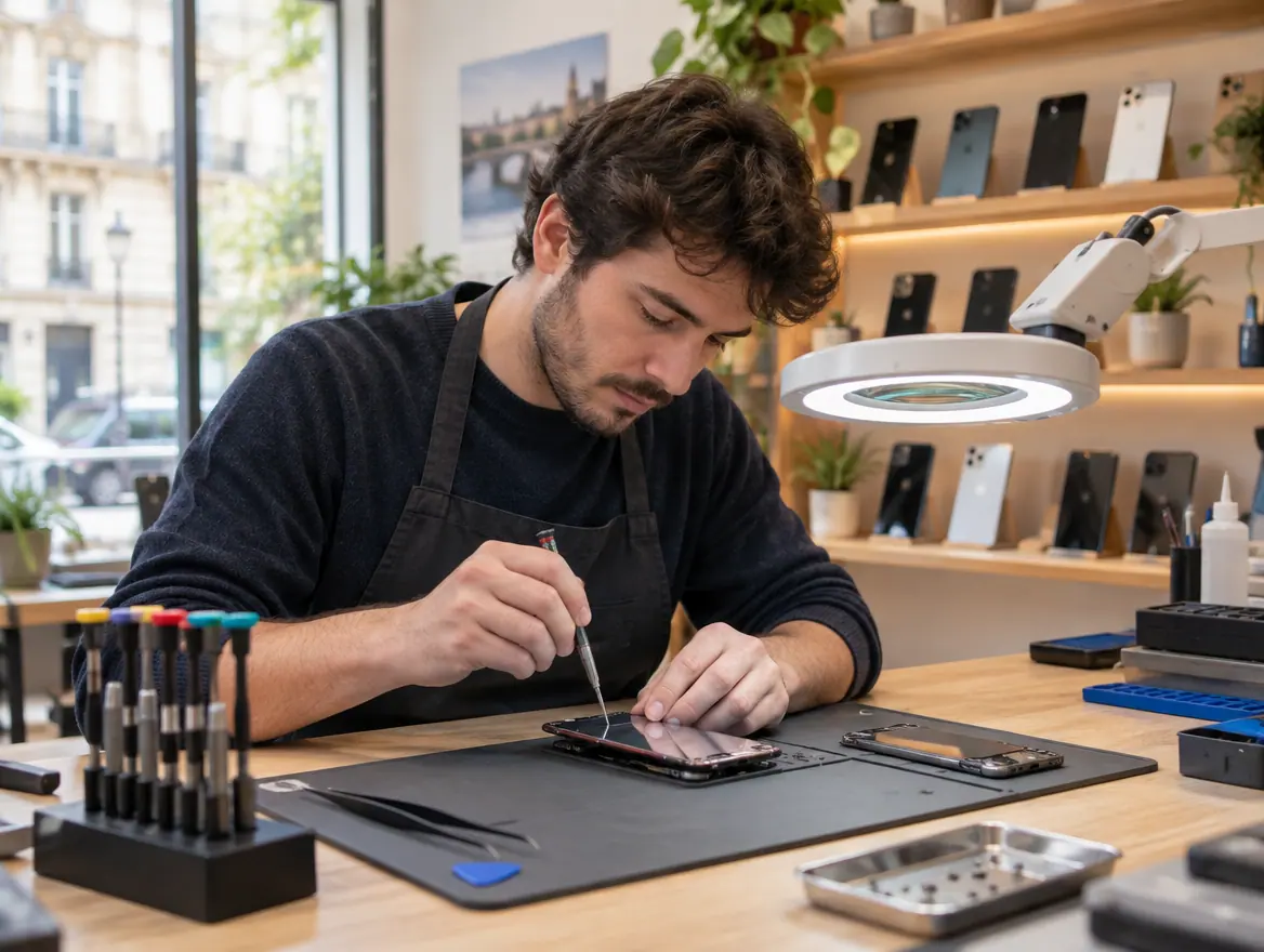 Technicien réparant l'écran d'un smartphone