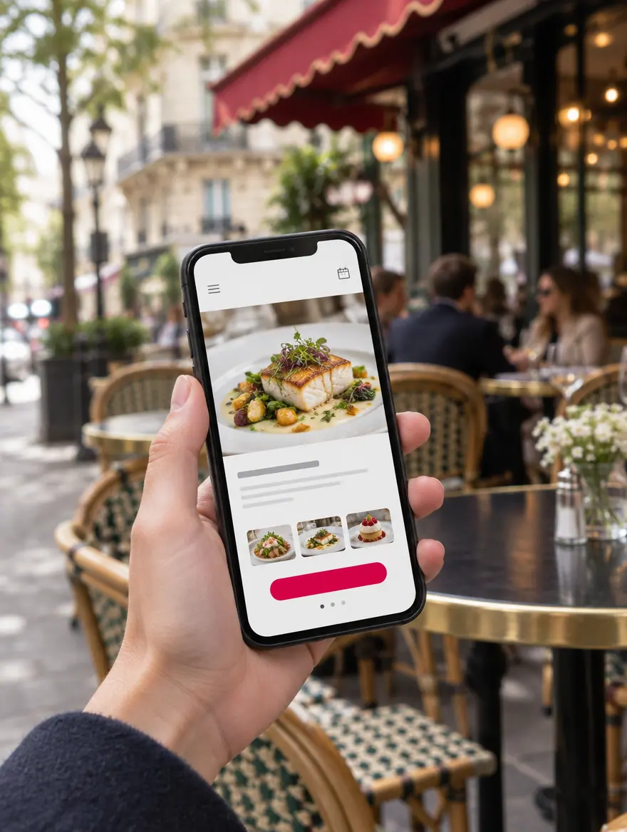 Un client consulte le site d'une brasserie sur son téléphone, devant la terrasse