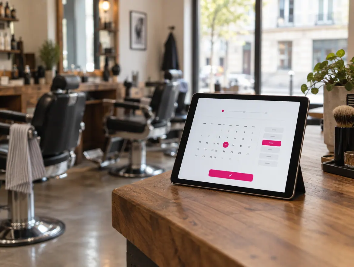 Page de réservation sur une tablette, au comptoir d'un barbier